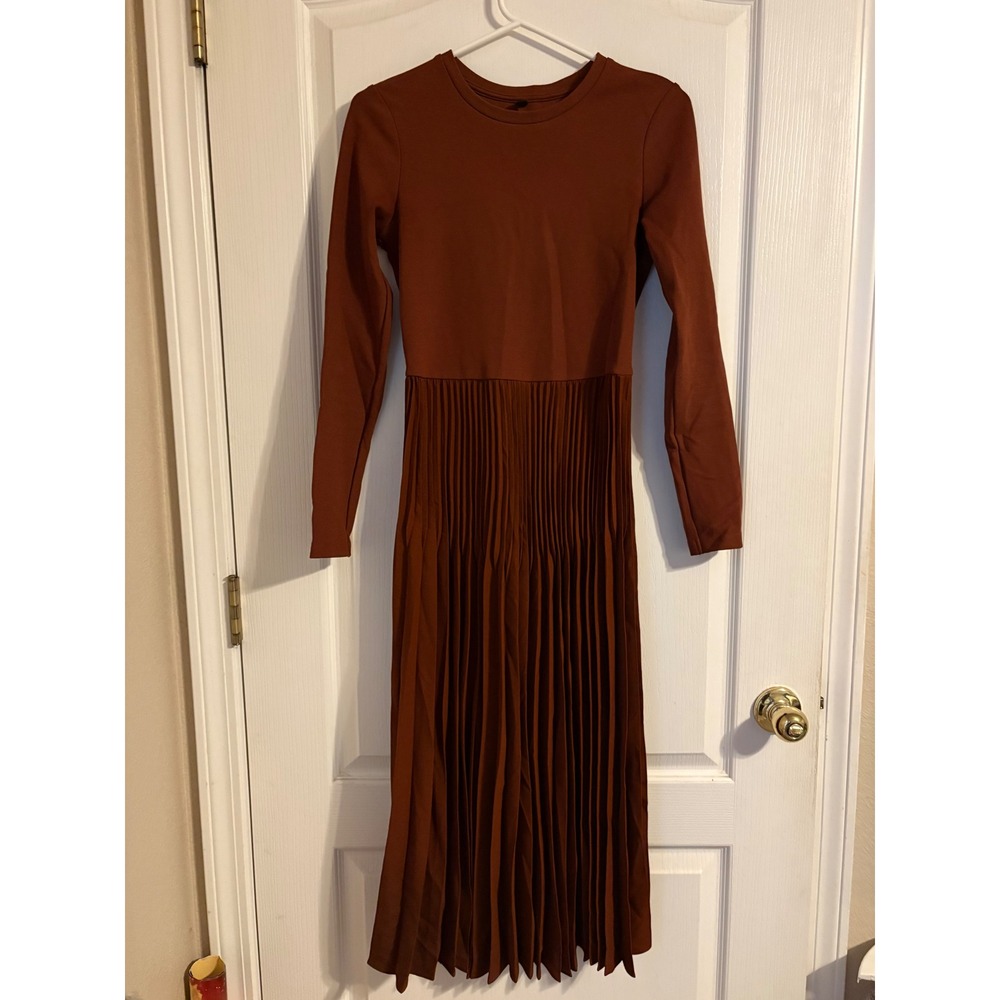 Uniqlo Pleated Midi Dress Womens XS Rust Brown Satin Long Sleeve Mixed Media